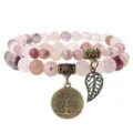 Natural stone beaded double layer bracelet with vintage tree of life leaf pendant boho jewelry - 07