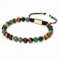 Men's adjustable braided bracelet featuring tiger eye and green agate gemstone beads. - 6mm / Tiger's Eye & Indian Agate