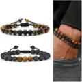 Men's natural tiger eye and lava stone beaded bracelet adjustable couple jewelry gift - Lava Stone and Tiger Eye Set