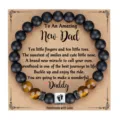 Detail shot of mens beaded bracelet with black matte and tiger eye stones for new dad gift. - Dad with Rhinestone Ring, Paw Print Square Bead and Card / Black