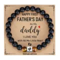 Father's day black matte and tiger eye stone beaded bracelet detail with engraved footprint cube. - Daddy with Paw Print Square Bead and Card / Black