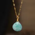 Natural gemstone teardrop pendant necklace with golden chain, elegant fashion jewelry for women. - Amazonite