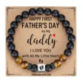 Mens tiger eye black stone bead bracelet with baby footprint charm for fathers day gift - Daddy with Rhinestone Ring, Paw Print Square Bead and Card / Black