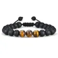 Matte black volcanic stone and tiger eye beaded bracelet with adjustable cord for men women. - Matte Tiger Eye 03
