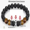 Detail view of men gemstone beaded bracelet with matte black and tiger eye stones. - Style 01
