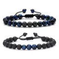 Blue tiger eye and black lava stone beaded adjustable couple bracelet fashion jewelry - Volcanic Stone and Tiger's Eye 02