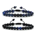 Blue tiger eye and volcanic stone adjustable beaded bracelet set for couples and daily wear. - Matte Tiger's Eye 05