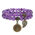 Natural Amethyst Beaded Bracelet Tree of Life Pendant Bohemian Multi-Layer Women Fashion Jewelry - Purple Jade