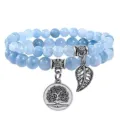 Natural blue stone double layer beaded bracelet with silver tree of life pendant jewelry new - Aquamarine