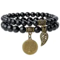 Natural black stone bead bracelet with tree of life charm bohemian style multi-layer jewelry - Bright Black