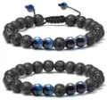 Lava stone and blue tiger eye beaded adjustable bracelet, couple fashion jewelry variant. - Volcanic Stone Blue Braided 02