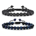 Adjustable beaded bracelets featuring natural black lava stone and blue tiger's eye for men. - Dark Blue Lava Stone Jewelry 02