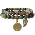 Natural stone beaded bracelet with tree of life charm bohemian multilayer jewelry - India Agate