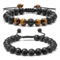 Adjustable natural lava stone and tiger eye beaded bracelet set for men and couples fashion jewelry - Matte Lava Stone Jewelry 002