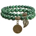 Double layer green stone bead bracelet with tree of life and leaf pendants for women style. - Peacock