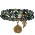 Natural gemstone beaded bracelet with tree of life pendant bohemian multilayer wrist jewelry - Moss Agate
