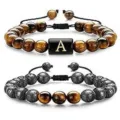 Natural stone beaded bracelet set with tiger eye and lava rock adjustable couple fashion jewelry - 1