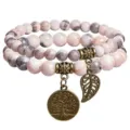 Natural stone beaded bracelet with tree of life charm bohemian style double layer wrist jewelry - Pink Zebra Jasper