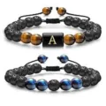 Natural lava stone and tiger eye beaded bracelet for men, adjustable couple gift jewelry. - 2