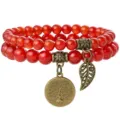Natural red stone beaded bracelet with tree of life pendant bohemian multilayer jewelry for women - Red