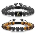 Natural Lava Stone and Tiger Eye Beaded Bracelet Adjustable Couple Jewelry Variant - Style 3