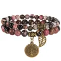 Natural stone beaded double-layer bracelet with tree of life pendant for women boho style. - Rhodonite