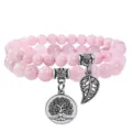 Rose quartz beaded double layer bracelet with tree of life leaf charm boho jewelry variant - Rose Quartz