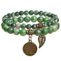 Double layer natural gemstone beaded bracelet with tree of life and leaf charms bohemian jewelry - Green Dot Stone
