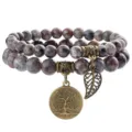 Natural stone beaded double strand bracelet with tree of life pendant bohemian style jewelry - Flame Stone