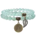 Natural stone beaded double-layer bracelet with tree of life pendant bohemian jewelry - Light Green
