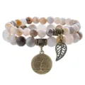 Natural stone beaded bracelet with tree of life pendant bohemian style for women jewelry. - Grey Agate