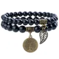 Black natural stone beaded bracelet with vintage tree of life and leaf charms for women. - Black Tourmaline