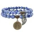 Natural stone beaded double layer bracelet with tree of life and leaf charms for women variant - Blue Spot Stone