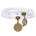Natural white crystal beaded bracelet with vintage bronze tree of life pendant bohemian style - White Crystal