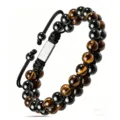 Bracelet tressé à double rang en œil de tigre et perles noires avec plaque métallique chic. - Œil de tigre noir brillant 6 mm 02