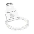 Clear crystal bead bracelet detail view showing transparent quartz stones and product tag. - White Crystal
