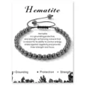 Natural hematite beaded bracelet with adjustable braided rope, grounding energy stone jewelry. - Hematite