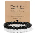 Couple beaded bracelet set black and white natural stone elastic stretch jewelry for daily gift - Glossy Black & White Stone