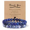 Natural gemstone beaded stretch bracelet couple jewelry with thank you kraft paper card - Lapis Lazuli + Blue Vein Stone
