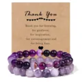 Purple agate beaded bracelet set with thank you card elastic stretch jewelry gift for women. - Purple Banded Agate & Lepidolite