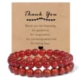 Red agate bead bracelet with thank you card, double layer elastic gemstone wrist jewelry. - Red Agate & Red Jasper