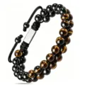 Bracelet de perles double rang avec œil de tigre et pierre noire cordon réglable chic. - Œil de tigre noir brillant 6 mm 01