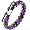 Double row beaded bracelet with black and purple stones adjustable braided cord jewelry - 6mm Amethyst & Hematite