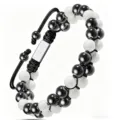 Bracelet de perles tressé à double rang avec pierres noires et blanches et charm en métal unisexe - Pierre blanche et hématite 6 mm