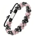 Bracelet de perles double rang en hématite noire et cristal rose, cordon tressé chic. - Hématite et quartz rose 6 mm