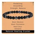 Natural black obsidian tourmaline onyx and hematite crystal beaded bracelet detail view. - Hematite, Black Tourmaline and Black Agate 02