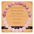 Natural rose quartz and rhodonite beaded crystal bracelet detail showing gemstone texture. - Red Wood Grain Rose Quartz