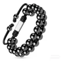 Bracelet double rang en perles d'hématite noire cordon réglable et plaque métallique unisexe - Bracelets double rangée en hématite