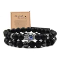 Mens natural stone bead bracelet set hamsa hand evil eye lava rock black onyx jewelry - 34