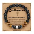 Men Natural Matte Obsidian Tiger Eye Beaded Bracelet Religious Cross Pendant Gift Jewelry - With Card / Style 2